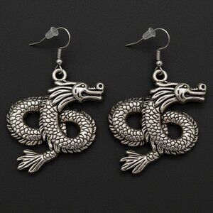 🔥 Sterling Silver Tone Chinese Dragon Dangle Earrings - Excellent Condition